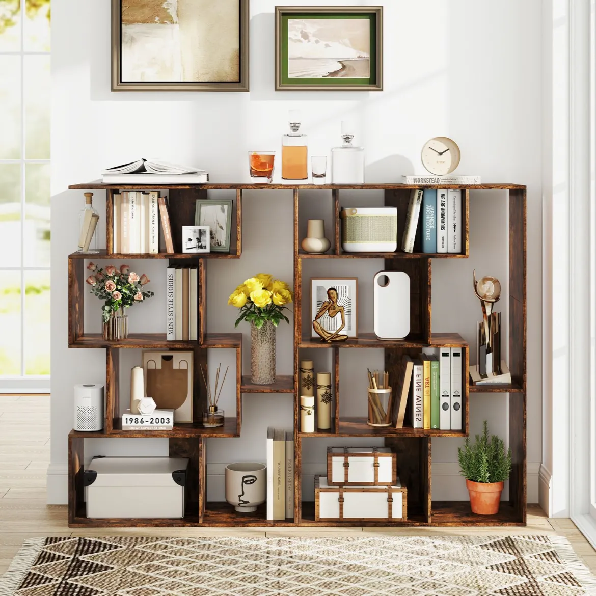 Offene geometrische Bücherregal 6-Würfel großes Bücherregal mit Kippsicherungen Bodenorganizer Display Regal Café