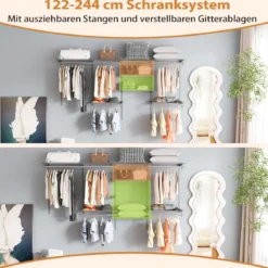 Offener Kleiderschrank 122 - 244 cm Erweiterbare Wandgarderobe DIY Aufbewahrungssystem Weiß/Grau