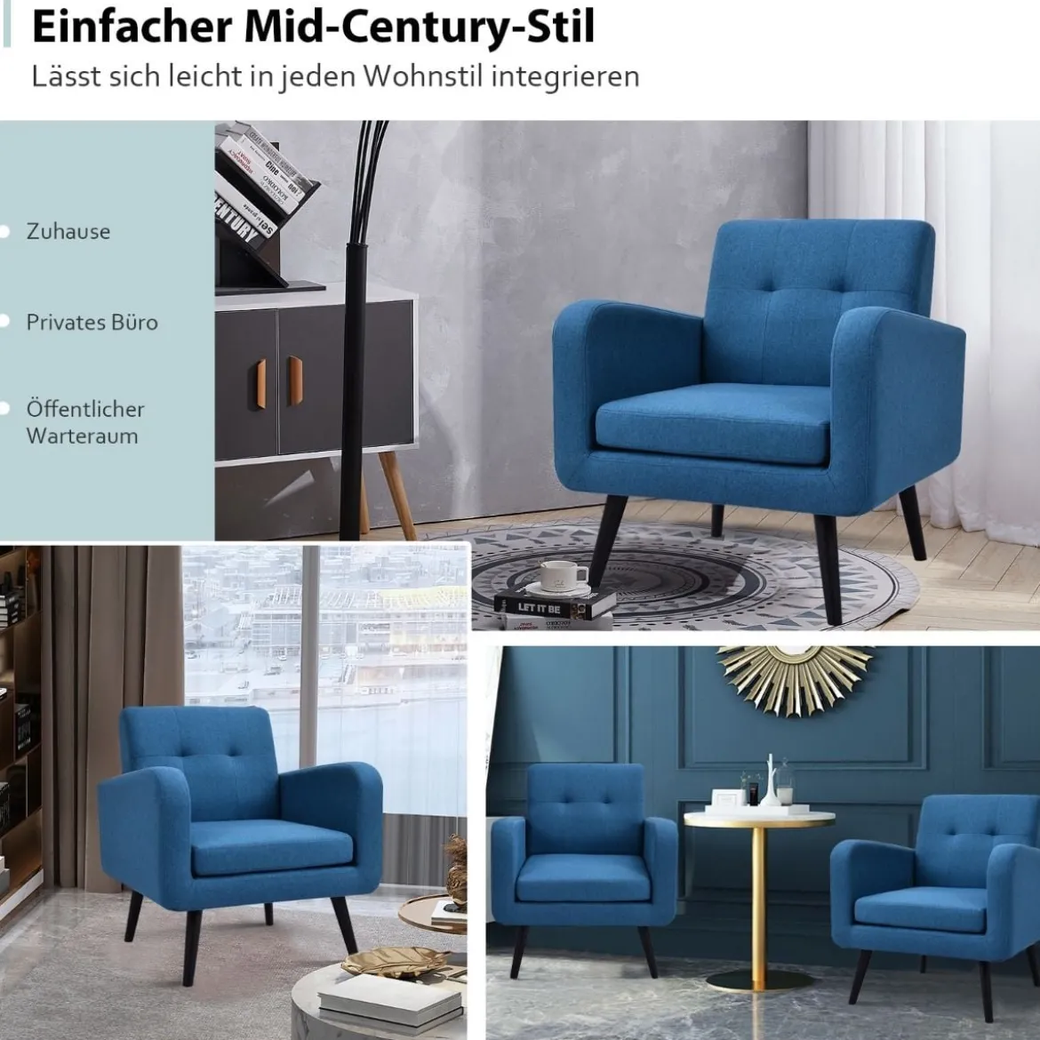 Ohrensessel mit Armlehnen & Beinen aus Massivem Gummiholz Lesesessel Fernsehsessel Blau