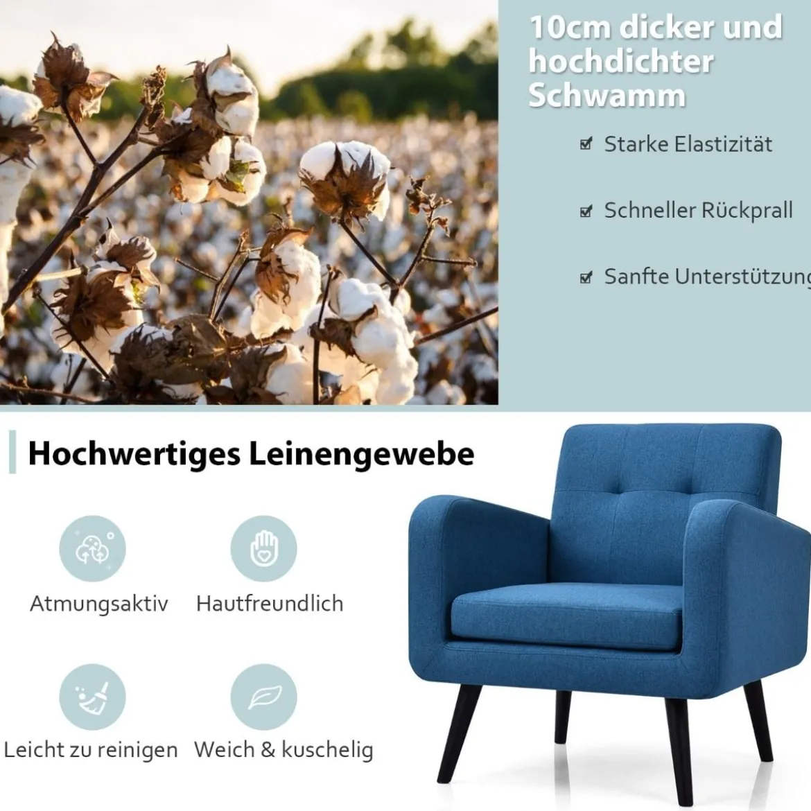 Ohrensessel mit Armlehnen & Beinen aus Massivem Gummiholz Lesesessel Fernsehsessel Blau