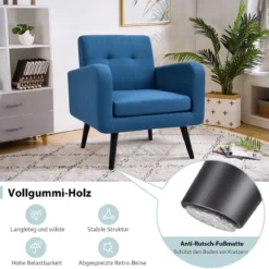 Ohrensessel mit Armlehnen & Beinen aus Massivem Gummiholz Lesesessel Fernsehsessel Blau