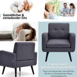 Ohrensessel mit Armlehnen & Beinen aus Massivem Gummiholz Lesesessel Fernsehsessel Grau