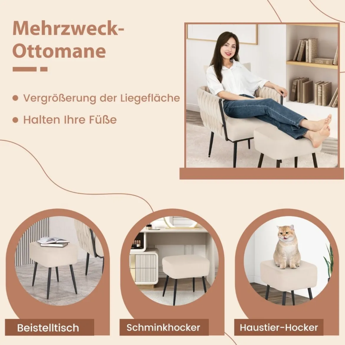 Ohrensessel mit Hocker Sessel mit weichem Kissen geflochtener Rückenlehne 58 cm Sitztiefe Weiß