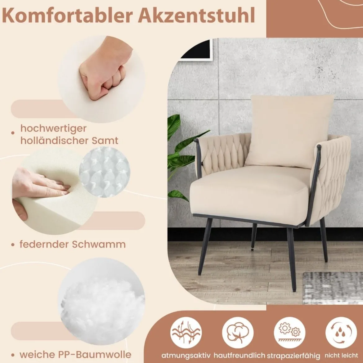 Ohrensessel mit Hocker Sessel mit weichem Kissen geflochtener Rückenlehne 58 cm Sitztiefe Weiß