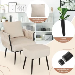 Ohrensessel mit Hocker Sessel mit weichem Kissen geflochtener Rückenlehne 58 cm Sitztiefe Weiß