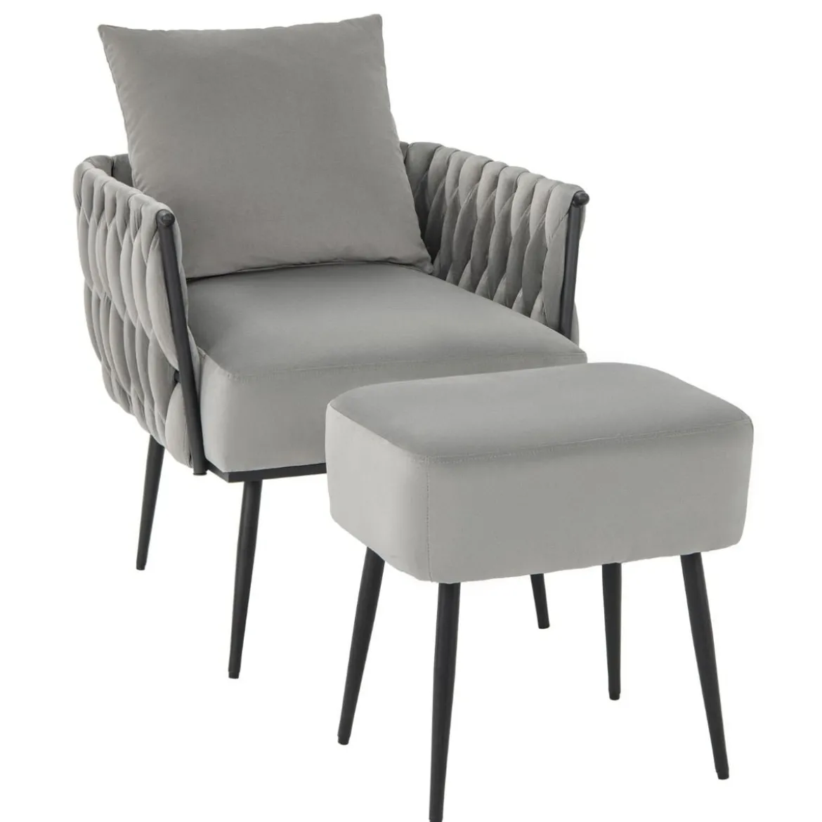 Ohrensessel mit Hocker Sessel mit weichem Kissen geflochtener Rückenlehne 58 cm Sitztiefe Grau