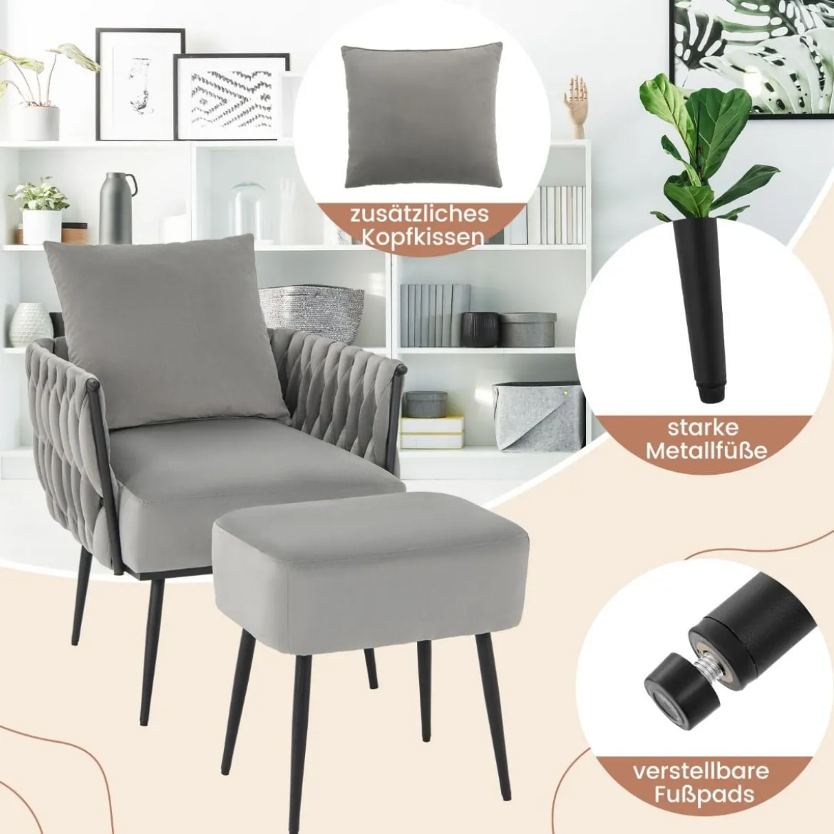 Ohrensessel mit Hocker Sessel mit weichem Kissen geflochtener Rückenlehne 58 cm Sitztiefe Grau