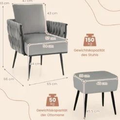 Ohrensessel mit Hocker Sessel mit weichem Kissen geflochtener Rückenlehne 58 cm Sitztiefe Grau