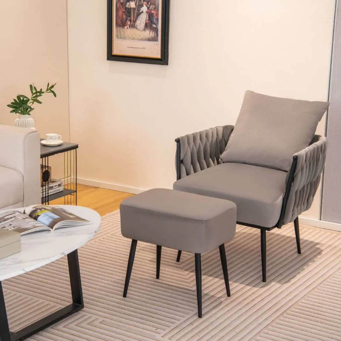 Ohrensessel mit Hocker Sessel mit weichem Kissen geflochtener Rückenlehne 58 cm Sitztiefe Grau