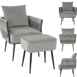 Ohrensessel mit Hocker Sessel mit weichem Kissen geflochtener Rückenlehne 58 cm Sitztiefe Grau
