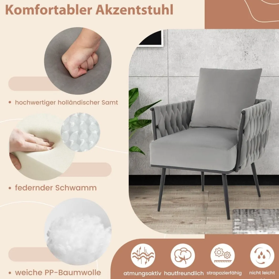 Ohrensessel mit Hocker Sessel mit weichem Kissen geflochtener Rückenlehne 58 cm Sitztiefe Grau