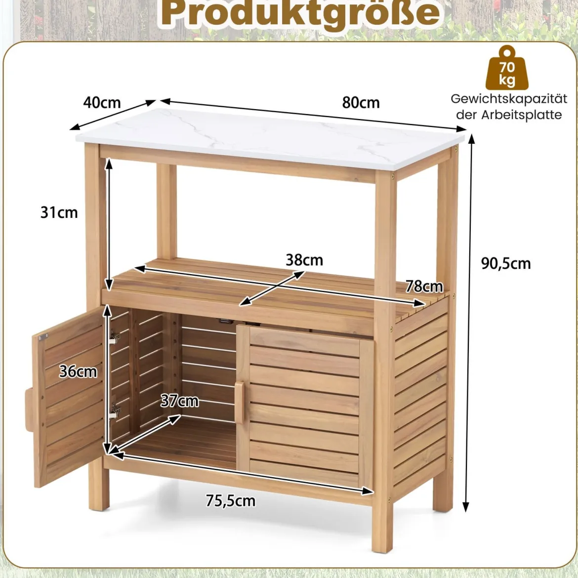 Outdoor-Arbeitstisch Garten-Pflanztisch aus Akazienholz mit Harztischplatte Ablagefach & Schrank Natur
