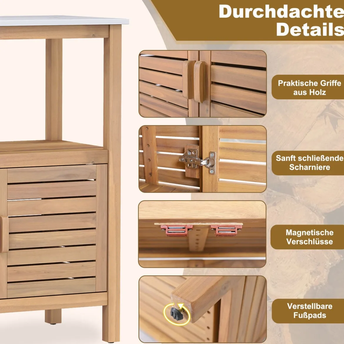 Outdoor-Arbeitstisch Garten-Pflanztisch aus Akazienholz mit Harztischplatte Ablagefach & Schrank Natur