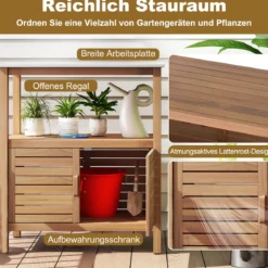 Outdoor-Arbeitstisch Garten-Pflanztisch aus Akazienholz mit Harztischplatte Ablagefach & Schrank Natur
