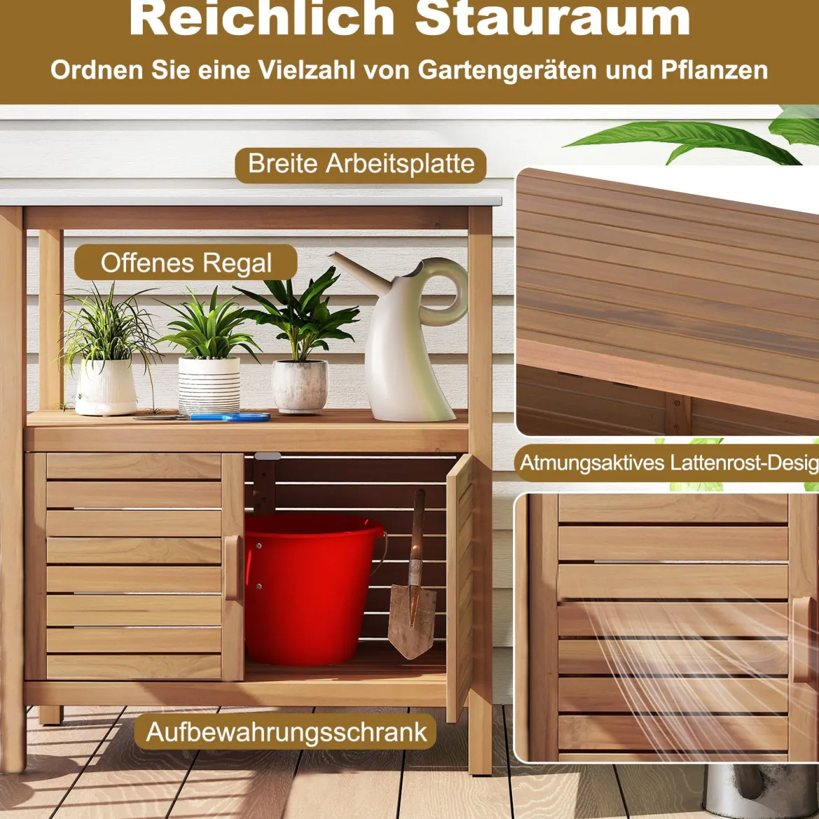 Outdoor-Arbeitstisch Garten-Pflanztisch aus Akazienholz mit Harztischplatte Ablagefach & Schrank Natur