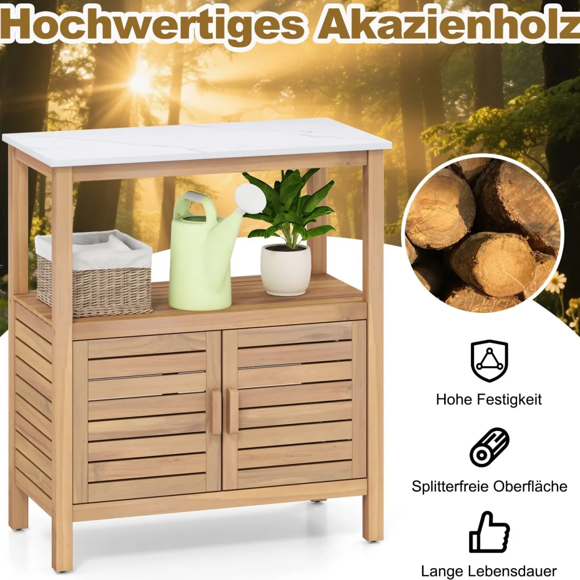Outdoor-Arbeitstisch Garten-Pflanztisch aus Akazienholz mit Harztischplatte Ablagefach & Schrank Natur