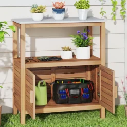 Outdoor-Arbeitstisch Garten-Pflanztisch aus Akazienholz mit Harztischplatte Ablagefach & Schrank Natur