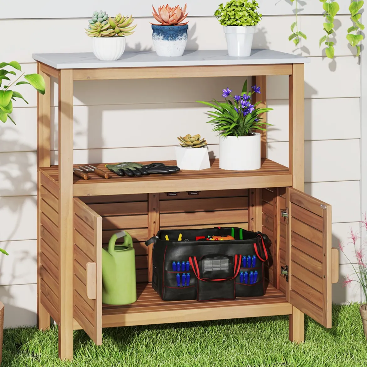 Outdoor-Arbeitstisch Garten-Pflanztisch aus Akazienholz mit Harztischplatte Ablagefach & Schrank Natur