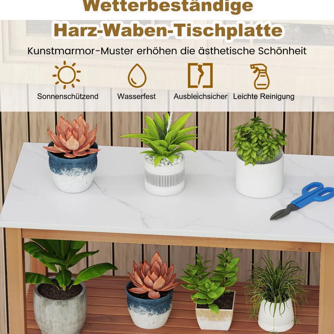 Outdoor-Arbeitstisch Garten-Pflanztisch aus Akazienholz mit Harztischplatte Ablagefach & Schrank Natur