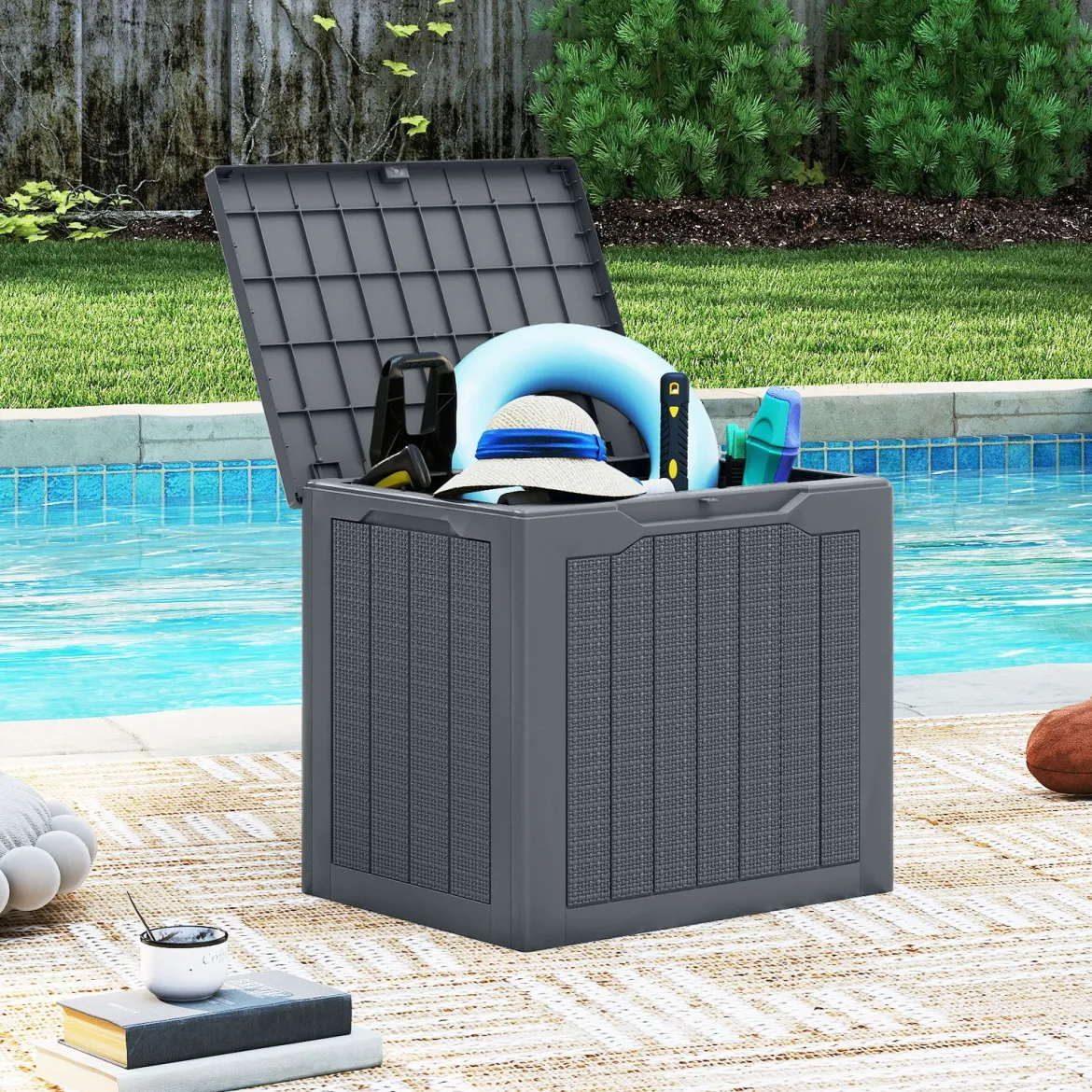 Outdoor-Aufbewahrungsbox 96 L Deckbox mit abschließbarem Deckel Braun/Schwarz/Grau