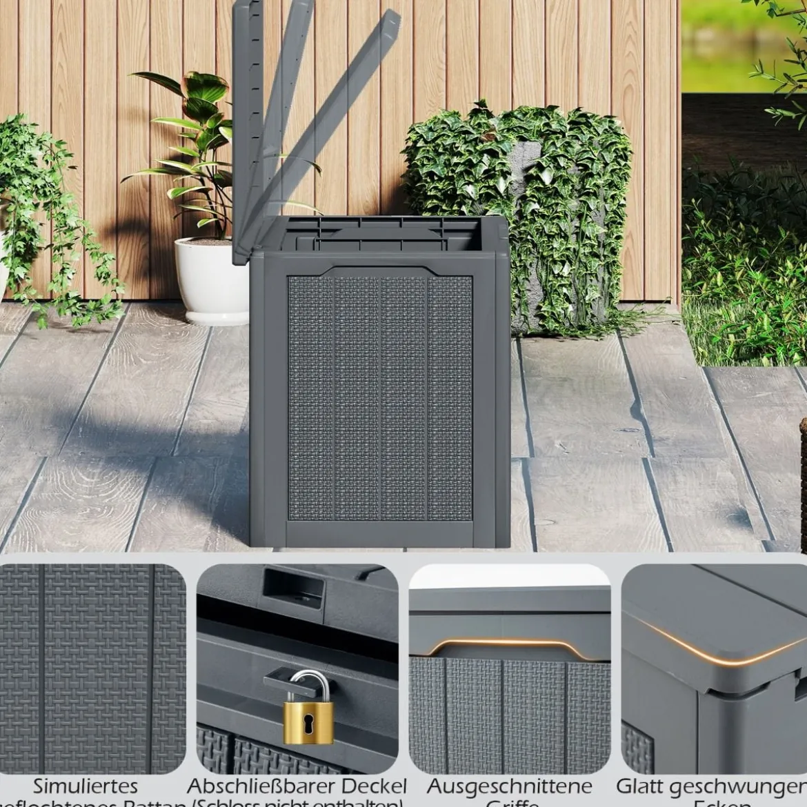 Outdoor-Aufbewahrungsbox 96 L Deckbox mit abschließbarem Deckel Braun/Schwarz/Grau