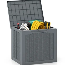 Outdoor-Aufbewahrungsbox 96 L Deckbox mit abschließbarem Deckel Braun/Schwarz/Grau