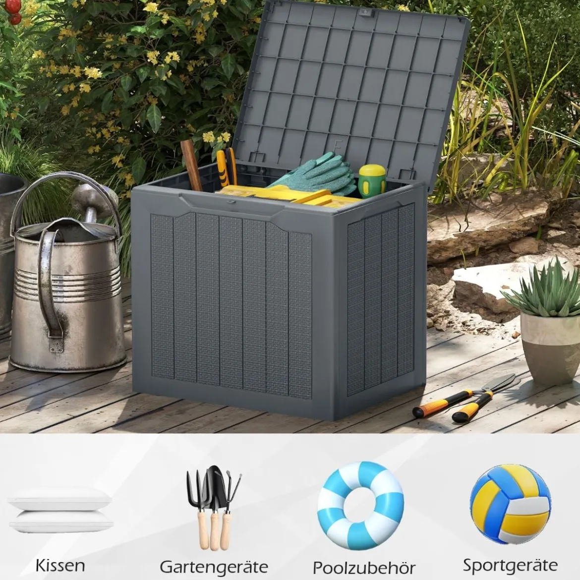 Outdoor-Aufbewahrungsbox 96 L Deckbox mit abschließbarem Deckel Braun/Schwarz/Grau