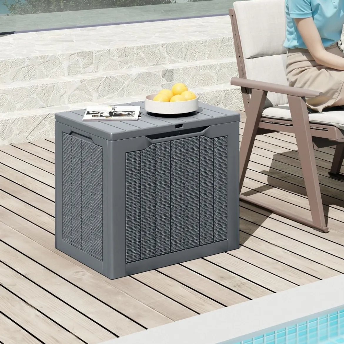 Outdoor-Aufbewahrungsbox 96 L Deckbox mit abschließbarem Deckel Braun/Schwarz/Grau