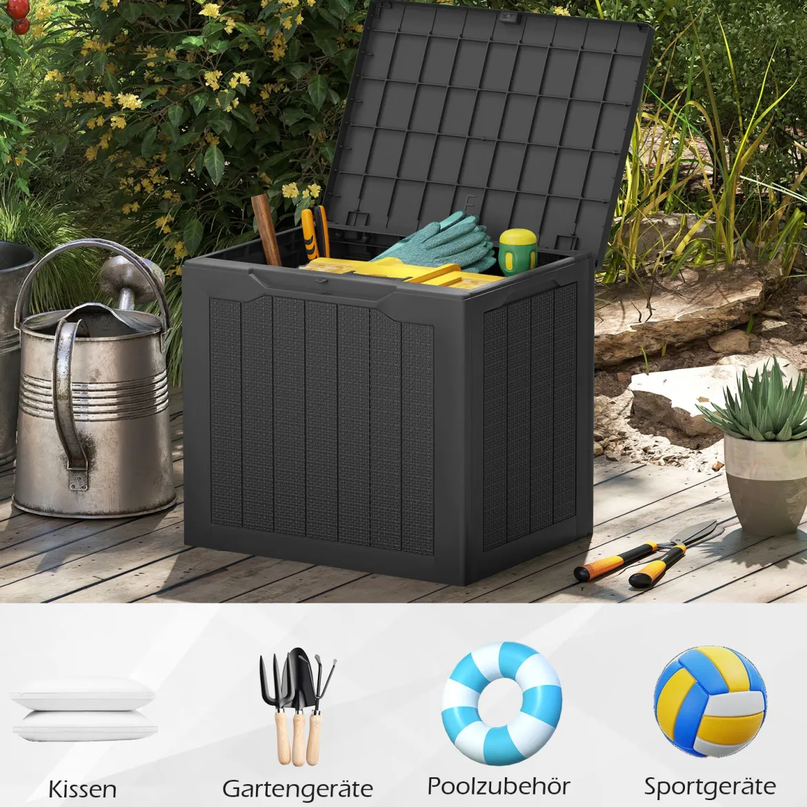 Outdoor-Aufbewahrungsbox 96 L Deckbox mit abschließbarem Deckel Braun/Schwarz/Grau