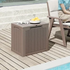 Outdoor-Aufbewahrungsbox 96 L Deckbox mit abschließbarem Deckel Braun/Schwarz/Grau
