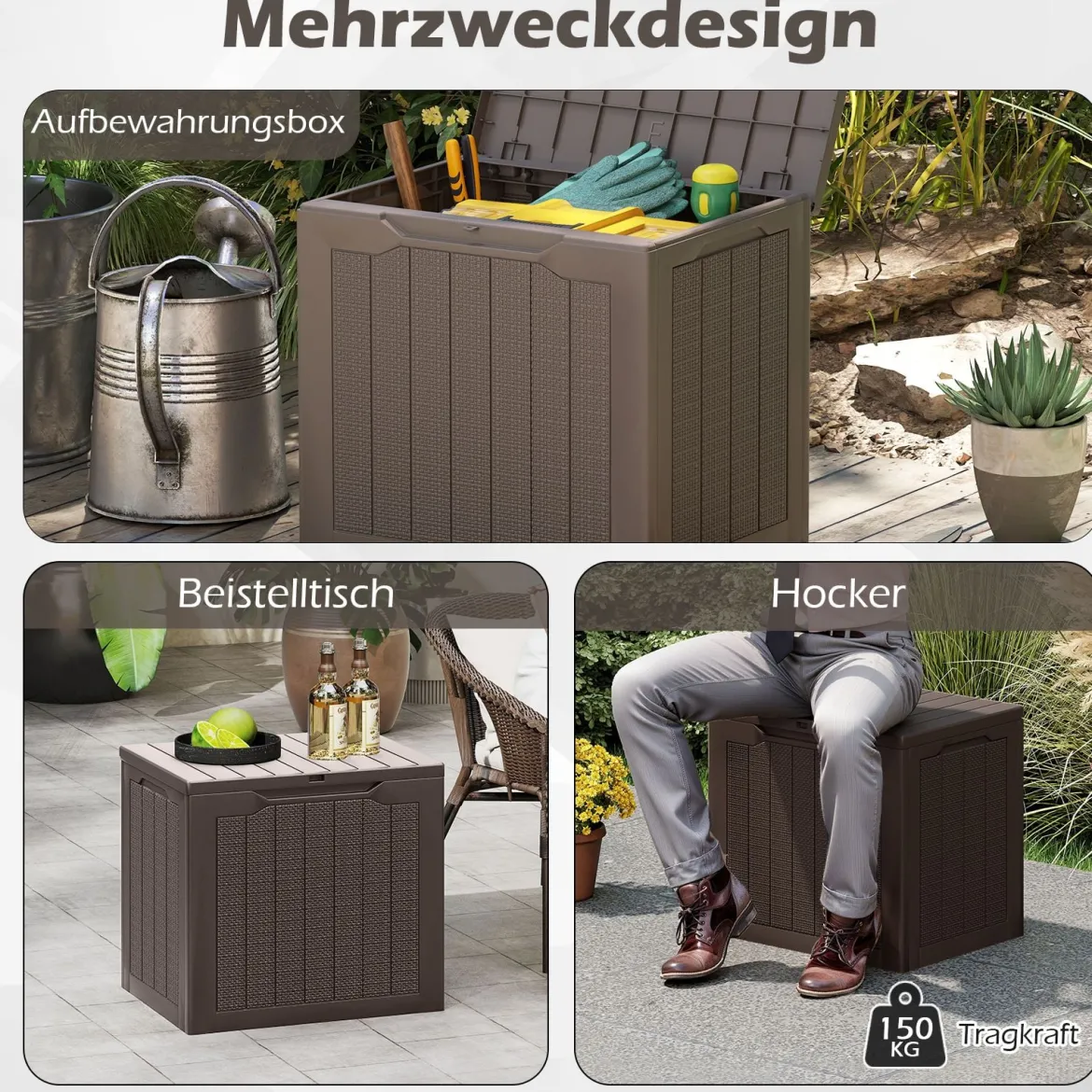 Outdoor-Aufbewahrungsbox 96 L Deckbox mit abschließbarem Deckel Braun/Schwarz/Grau