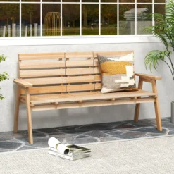 Outdoor-Bank aus Tannenholz mit klappbarem Mitteltisch Gartenbank für 2–3 Personen mit Rückenlehne & Armlehnen Natur