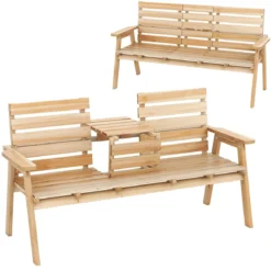 Outdoor-Bank aus Tannenholz mit klappbarem Mitteltisch Gartenbank für 2–3 Personen mit Rückenlehne & Armlehnen Natur