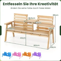 Outdoor-Bank aus Tannenholz mit klappbarem Mitteltisch Gartenbank für 2–3 Personen mit Rückenlehne & Armlehnen Natur