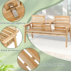 Outdoor-Bank aus Tannenholz mit klappbarem Mitteltisch Gartenbank für 2–3 Personen mit Rückenlehne & Armlehnen Natur