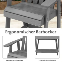 Outdoor Barhocker mit Armlehne & Fußstütze HDPE-Patiostuhl Wetterfester Pub-Hocker Grau