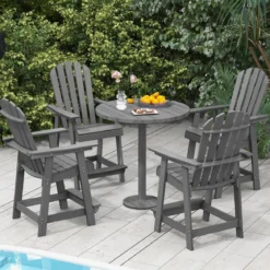 Outdoor Barhocker mit Armlehne & Fußstütze HDPE-Patiostuhl Wetterfester Pub-Hocker Grau