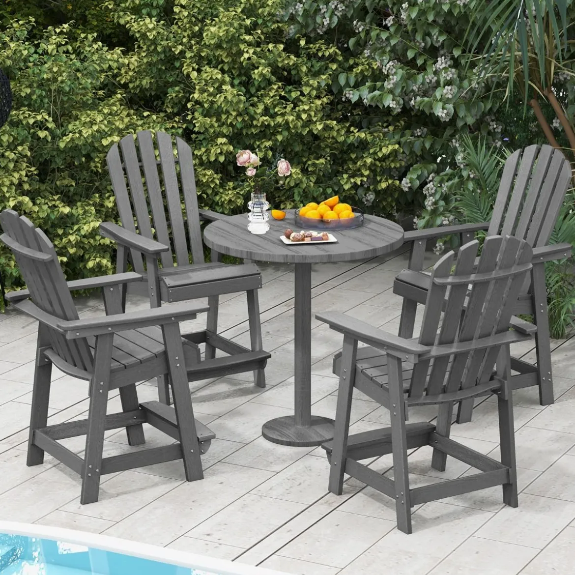 Outdoor Barhocker mit Armlehne & Fußstütze HDPE-Patiostuhl Wetterfester Pub-Hocker Grau
