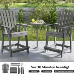 Outdoor Barhocker mit Armlehne & Fußstütze HDPE-Patiostuhl Wetterfester Pub-Hocker Grau