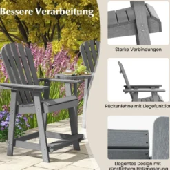 Outdoor Barhocker mit Armlehne & Fußstütze HDPE-Patiostuhl Wetterfester Pub-Hocker Grau