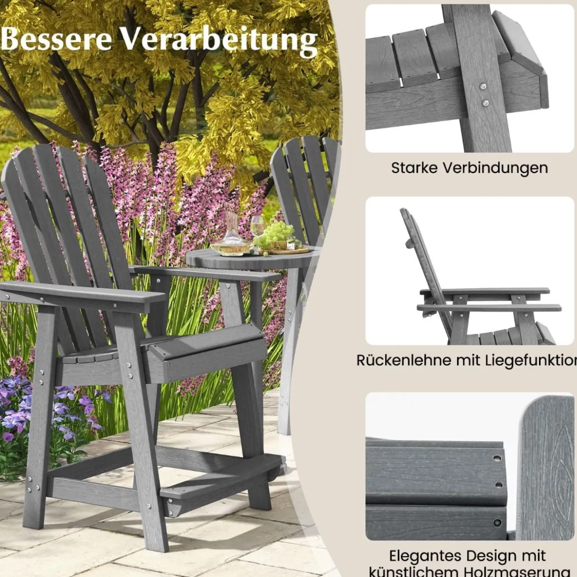 Outdoor Barhocker mit Armlehne & Fußstütze HDPE-Patiostuhl Wetterfester Pub-Hocker Grau