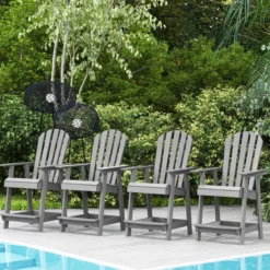 Outdoor Barhocker mit Armlehne & Fußstütze HDPE-Patiostuhl Wetterfester Pub-Hocker Grau