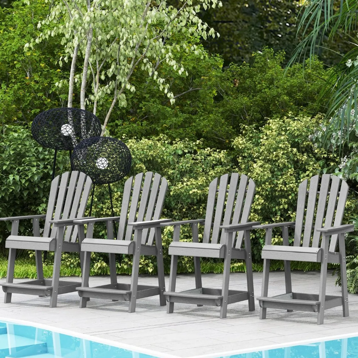 Outdoor Barhocker mit Armlehne & Fußstütze HDPE-Patiostuhl Wetterfester Pub-Hocker Grau