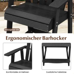 Outdoor Barhocker mit Armlehne & Fußstütze HDPE-Patiostuhl Wetterfester Pub-Hocker Schwarz
