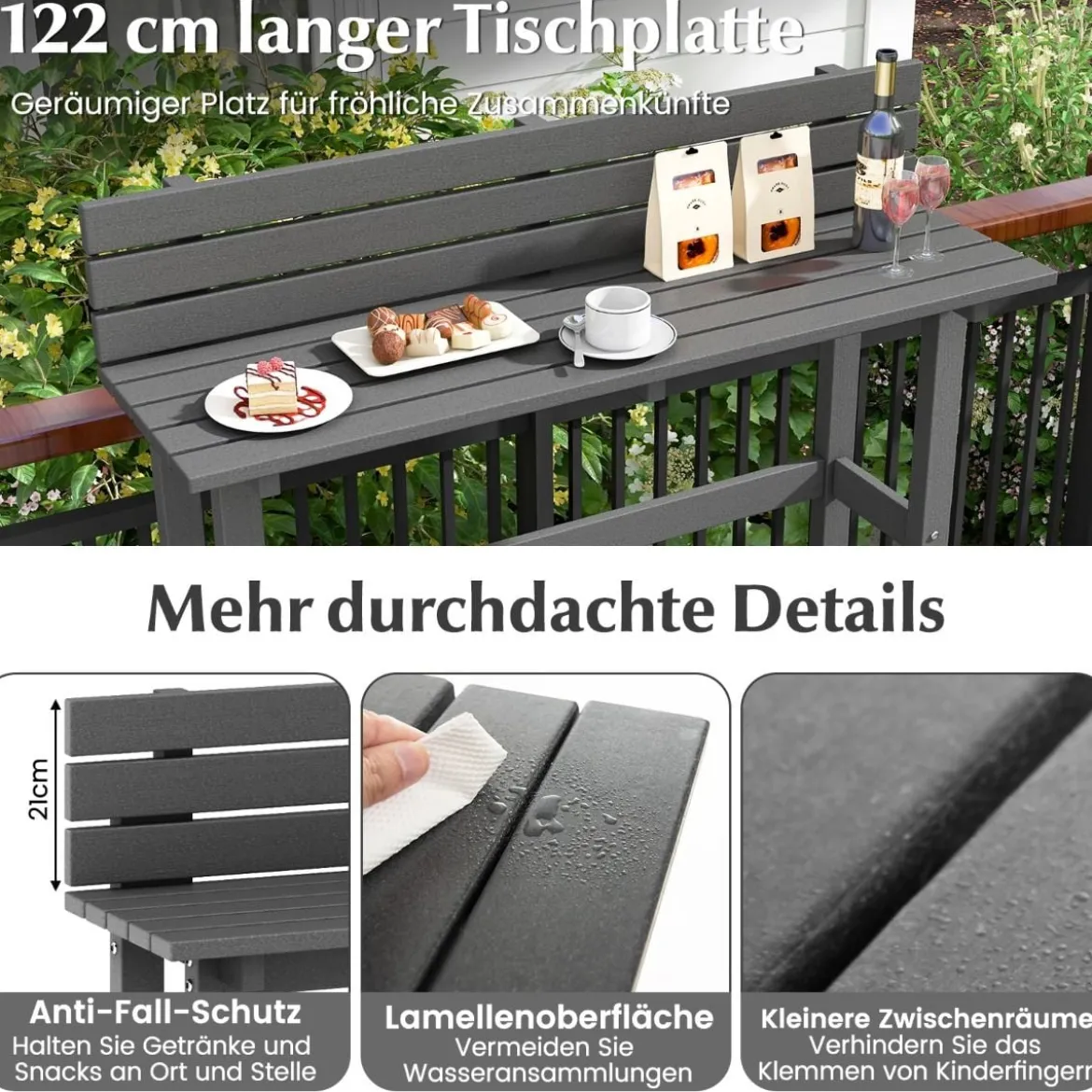 Outdoor Bartisch mit Ablage & Verstellbaren Fußpads Terrassen Hochtisch 122 x 39 x 136 cm Grau