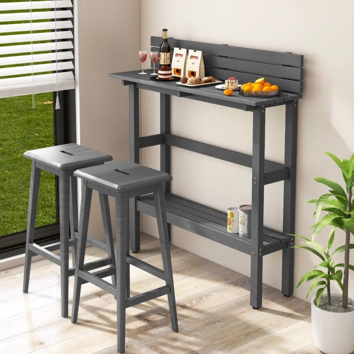 Outdoor Bartisch mit Ablage & Verstellbaren Fußpads Terrassen Hochtisch 122 x 39 x 136 cm Grau