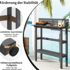 Outdoor Bartisch mit Ablage & Verstellbaren Fußpads Terrassen Hochtisch 122 x 39 x 136 cm Grau