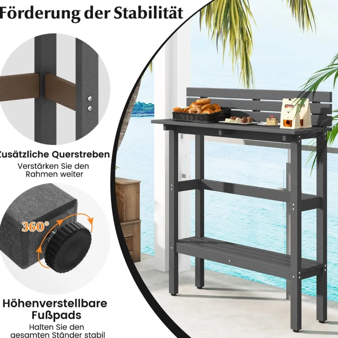 Outdoor Bartisch mit Ablage & Verstellbaren Fußpads Terrassen Hochtisch 122 x 39 x 136 cm Grau