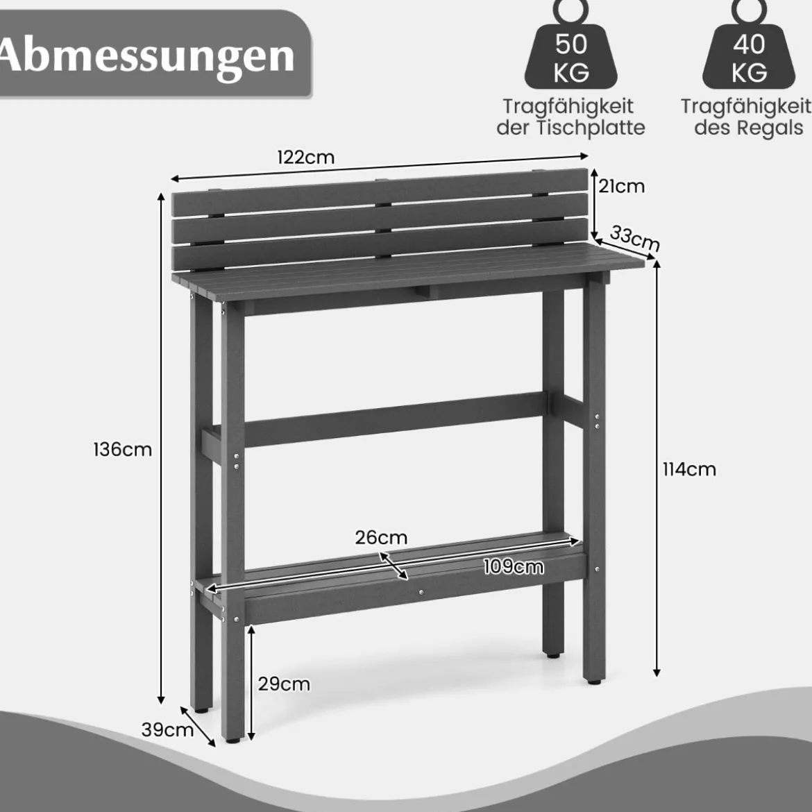 Outdoor Bartisch mit Ablage & Verstellbaren Fußpads Terrassen Hochtisch 122 x 39 x 136 cm Grau