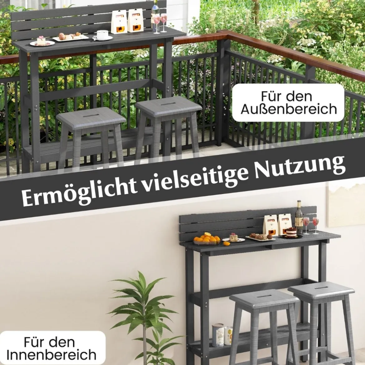 Outdoor Bartisch mit Ablage & Verstellbaren Fußpads Terrassen Hochtisch 122 x 39 x 136 cm Grau